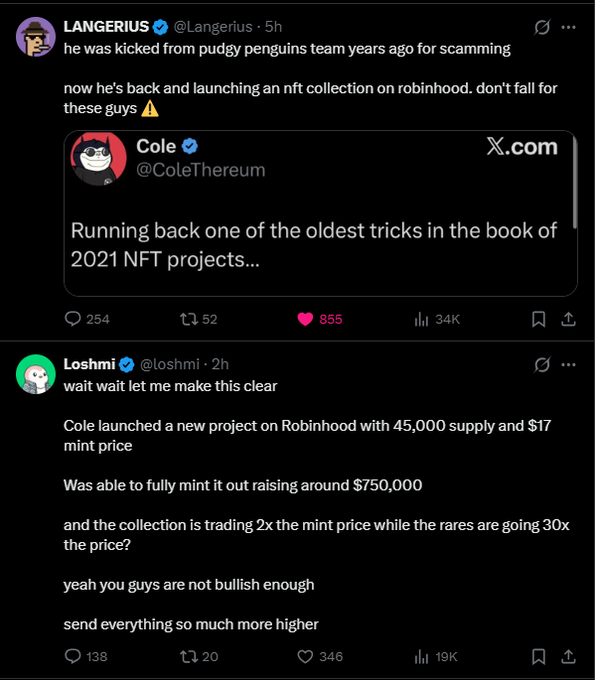 Two social media posts from 'Langerius' and 'Loshmi' warning followers that 'Cole' (@ColeThereum) was kicked from the Pudgy Penguins team for scamming, despite his new NFT project raising $750,000.