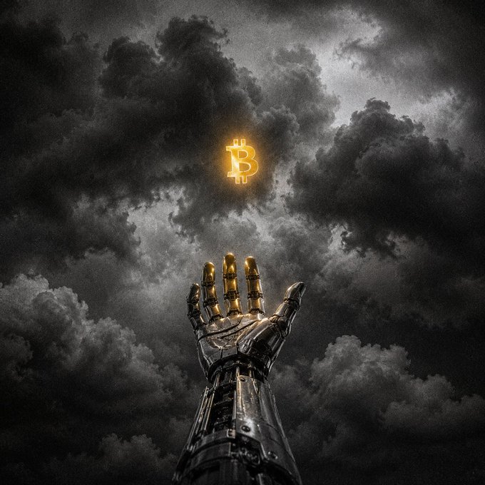A metallic, robotic hand reaches upward through dark, turbulent storm clouds toward a glowing golden Bitcoin (₿) symbol hovering in the sky, visually echoing the post's "₿ig Thing is Coming" by depicting the cryptocurrency as an unstoppable, monumental force breaking through adversity.