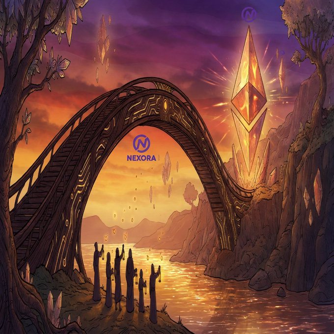 The image shows a group of people standing under an archway with a large golden structure at the top, possibly a temple or a monument. The sky above them has a beautiful sunset color, creating a serene atmosphere. The caption for this image is "Nexora is built on Ethereum. @NexoraCoin26112 is a decentralized blockchain project focused on delivering real utility through transparency, security, and long-term ecosystem development: nexoracrypto.com".