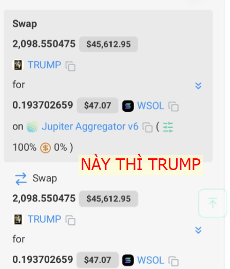 The image shows a Jupiter Aggregator swap interface attempting to exchange 2,098.55 TRUMP ($45,612.95) for only 0.1937 WSOL ($47.07), with the post explaining that the trader was panicked by a slippage error and set slippage to 100%, resulting in selling $7,000 worth of TRUMP tokens for just $44 worth of SOL. The red annotation "NÀY THÌ TRUMP" humorously comments on the catastrophic loss.