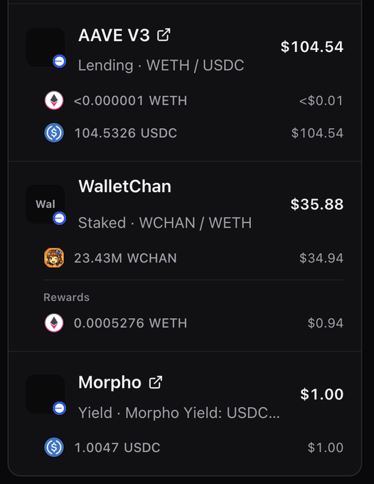 A cryptocurrency wallet interface showing positions in AAVE V3 ($104.54), WalletChan ($35.88), and Morpho ($1.00) with various token balances.