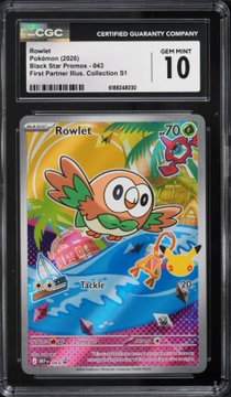 CGC-graded Pokémon trading card of 'Rowlet' graded Gem Mint 10 from the First Partner Box Collection, with artwork by Mizuki Kusanagi.