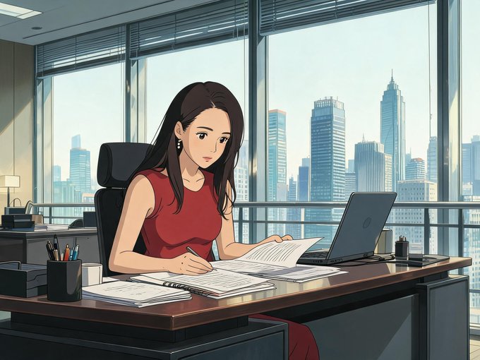 The image features an office scene with a woman sitting at her desk working on paperwork while looking out of a window that overlooks a city skyline. The woman appears to be focused on her work, possibly writing something down or organizing her thoughts. In the background, there is a laptop and a notebook on the desk, indicating that she might be using technology for her tasks as well. The image also includes text about Sister Yi's good news and the update of Binance's ICO, which suggests that this office scene could be related to the cryptocurrency market or financial news in general.