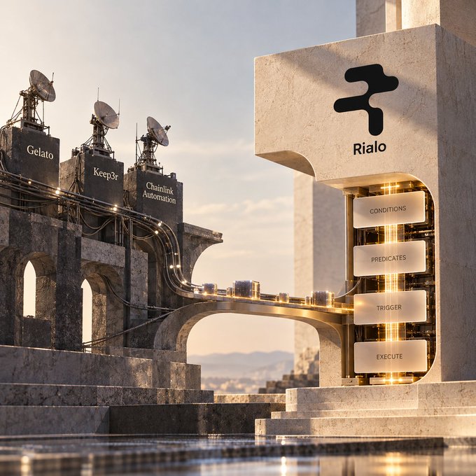 A 3D rendered tech-themed illustration comparing blockchain oracles (Gelato, Keep3r, Chainlink Automation) connected via glowing pathways to a large 'Rialo' structure featuring Conditions, Predicates, Trigger, and Execute components.