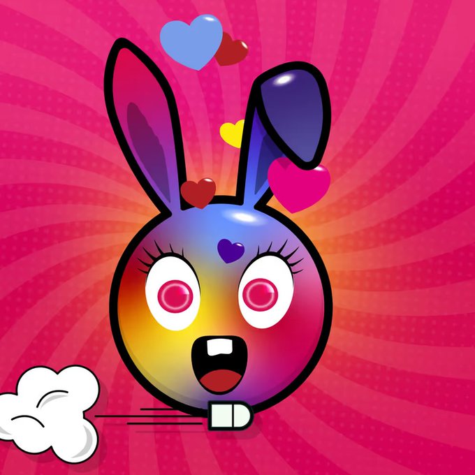 A stylized, cartoon rabbit face surrounded by colorful hearts against a pink radial background.