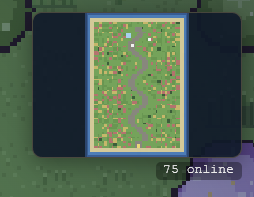 A pixelated green playfield game with scattered dots is displayed, accompanied by the text "75 online," illustrating a low-activity P2E game on the Robinhood chain with only 75 active players.