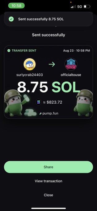 The image displays a successful transaction confirmation showing 8.75 SOL (≈$823.72) sent from "surlycrab24403" to "officialtouse" on pump.fun on August 23 at 10:58 PM, illustrating the first payment made to a new admin.