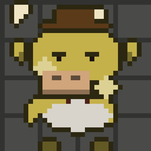 A pixel art illustration of a yellow cow character wearing a brown hat and holding a white sign.