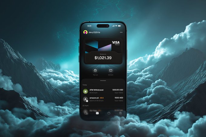 The image features a smartphone with a payment app displayed on its screen. The app is for Visa and allows users to make payments using their credit or debit cards. The phone is positioned at an angle, showing both the front and back of the device. The background of the image depicts a mountainous landscape under a cloudy sky, creating a visually appealing contrast between technology and nature.