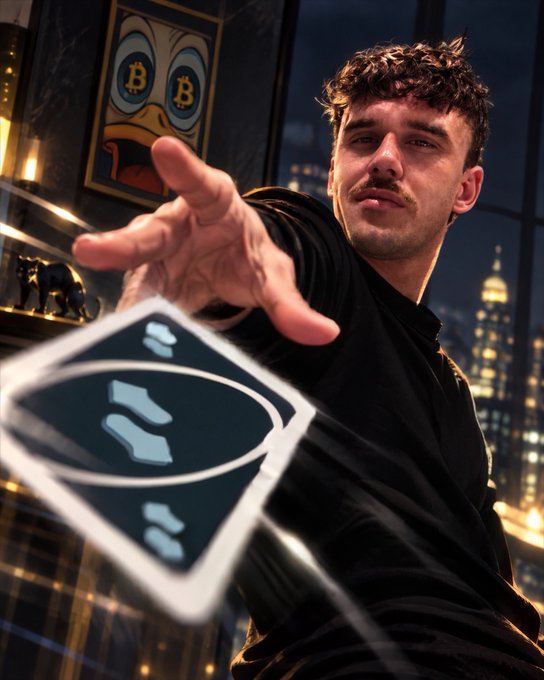 A young man with curly hair and a mustache reaches toward the camera in a dimly lit interior, with a floating playing card in the foreground and a framed Bitcoin-themed duck artwork on the wall behind him.
