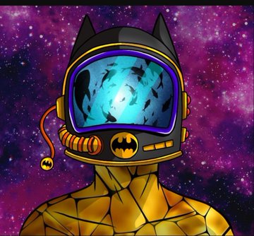 A digital illustration of an astronaut in a yellow and black spacesuit with a Batman logo, wearing a dark purple cat-eared helmet featuring a galaxy reflection on the visor against a starry background.