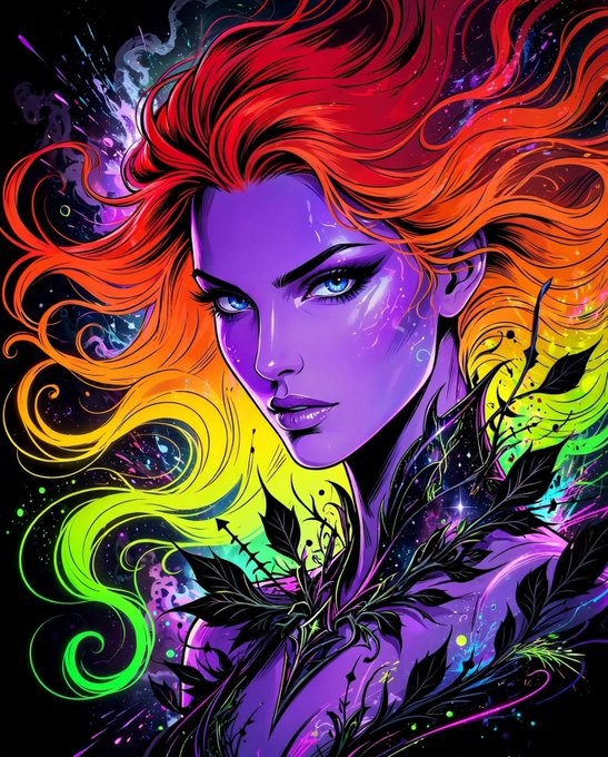 A vibrant digital illustration of a woman with purple skin, bright blue eyes, and flowing hair that transitions through a rainbow of colors, set against a cosmic background with dark leafy elements.