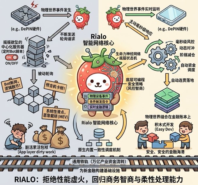 An infographic illustrating the 'Rialo 智能网络核心' (Rialo Smart Network Core) system, showing a strawberry mascot character and various technical components in Chinese with the tagline 'RIALO: 拒绝性能虚火, 回归商务智商与柔性处理能力'.