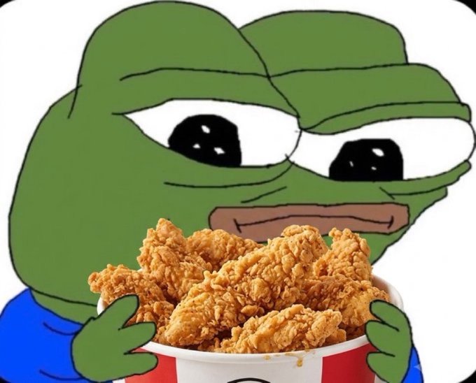 A cartoon Pepe the Frog meme character with wide eyes holds a red and white KFC bucket overflowing with fried chicken.