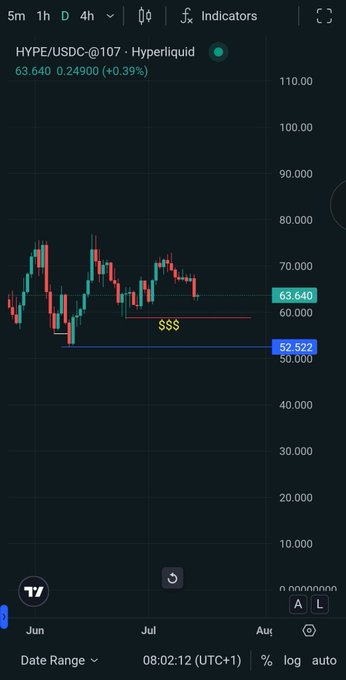 A TradingView candlestick chart for HYPE/USDC on Hyperliquid trading at 63.640, showing price levels with support around 52.522 and resistance near 63.640.
