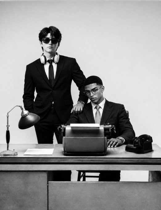 A black-and-white fashion-style photo shows a standing man in a black suit, tie, and sunglasses with headphones around his neck, resting his hand on a seated man wearing glasses and a suit, who sits behind a desk with a typewriter, rotary phone, and desk lamp.