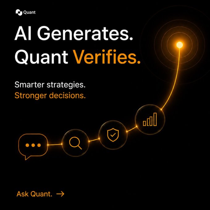 A black promotional graphic for Quant reads 'AI Generates. Quant Verifies.' with the tagline 'Smarter strategies. Stronger decisions.' and a call-to-action 'Ask Quant.'