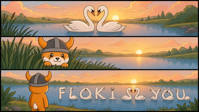 This three-panel comic features a Shiba Inu dog character, representing the Floki cryptocurrency, observing two swans that form the text "FLOKI S2 YOU" in the water, creating a pun on the name.