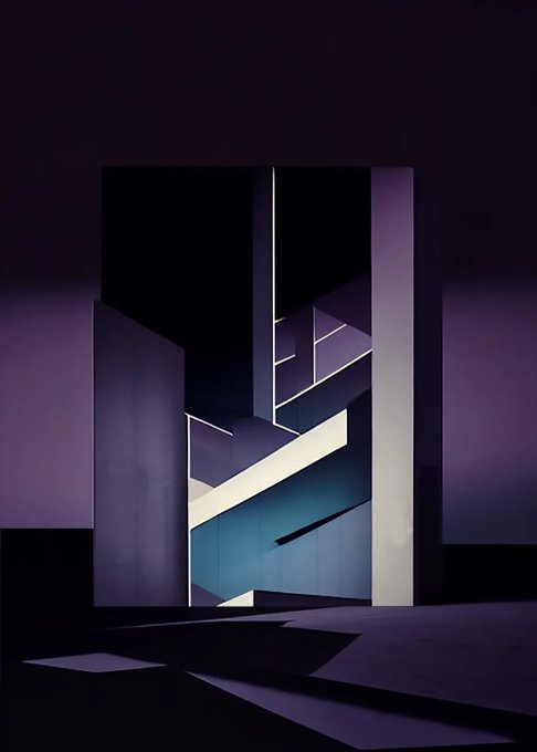 A moody, purple-toned architectural composition depicting an abstract doorway or opening with geometric shapes and a staircase illuminated by cool light.