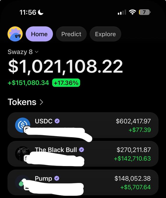 A crypto portfolio screenshot shows "Swazy 8" with a total balance of $1,021,108.22 (up +$151,080.34 / +17.36%), prominently featuring "The Black Bull" token valued at $270,211.87 with a +$142,710.63 gain. The image ties into the post's bullish narrative by showcasing massive portfolio gains, with "The Black Bull" standing out as the top-performing asset.