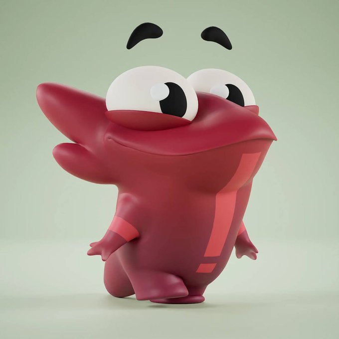 A 3D-rendered Popkins character—a small, crimson, lizard-like creature with oversized googly eyes and a red exclamation mark on its torso—stands against a soft sage-green background, symbolizing the Claynosaurz community's excitement over the 15% ownership distribution announcement.