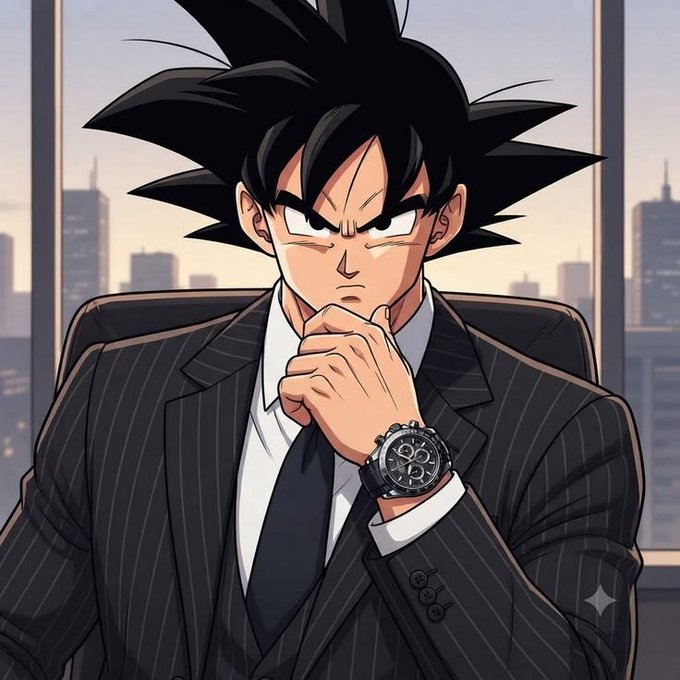 Image 7: An anime-style illustration of a serious-looking Goku from Dragon Ball dressed in a pinstripe business suit with a luxury watch, sitting in front of a city skyline.