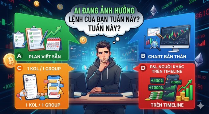 A Vietnamese-language illustration asking 'AI ĐANG ẢNH HƯỞNG LỆNH CỦA BẠN TUẦN NÀY?' (Who is influencing your orders this week?), showing a man at a computer with options for plans, charts, KOLs, and P&L on timelines.
