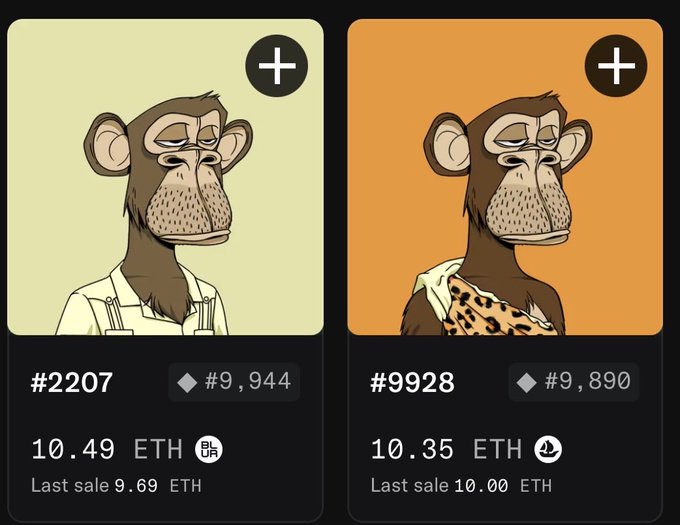 Two NFT listings of Bored Ape-style monkeys, #2207 for 10.49 ETH and #9928 for 10.35 ETH, displayed with a plus icon for adding to cart.