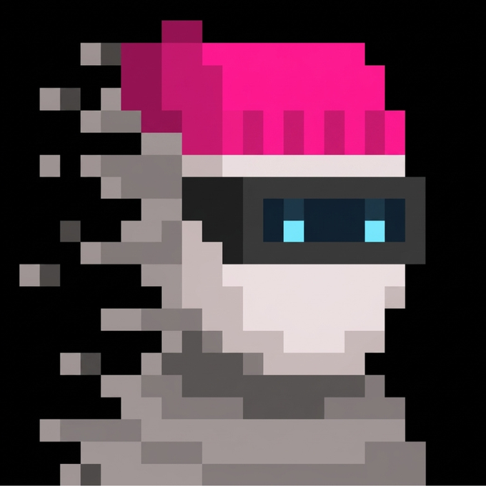 A pixel art style image depicting a skeleton-like figure with a pink mohawk, cyan glowing eyes behind a black visor, and gray bone segments against a black background.