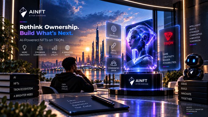 An advertisement for 'AINFT AI FOR EVERYONE' on the TRON blockchain with the tagline 'Rethink Ownership. Build What's Next,' featuring an AI robot and futuristic cityscape.
