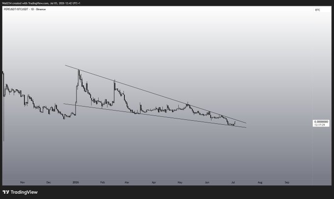 A TradingView candlestick chart shows the PEPE/BTC pair on Binance in a descending channel pattern from November 2023 through July 2024, with the current price at approximately 0.0000000063 satoshis, illustrating PEPE's weakening performance against Bitcoin over the past several months.