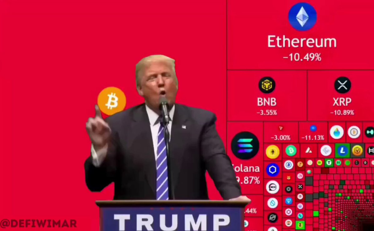 The image features a man standing at a podium, holding up an orange Bitcoin symbol above his head. The backdrop of the scene includes a red background with various logos related to cryptocurrency, such as Bitcoin and Etherium. The text "WASN'T TRUMP THE CRYPTO PRESIDENT?" is also present in the image. The post suggests that there might be a connection between Donald Trump's presidency and the cryptocurrency market, possibly implying that Trump was involved in or influenced by the cryptocurrency space during his time in office.