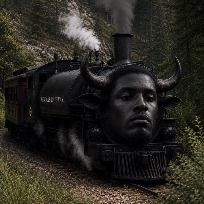 A dark fantasy illustration of a steam locomotive with a bull-like humanoid face and horns on its front, labeled 'NEMNA'S RAILWAY', traveling through a forested mountain landscape.