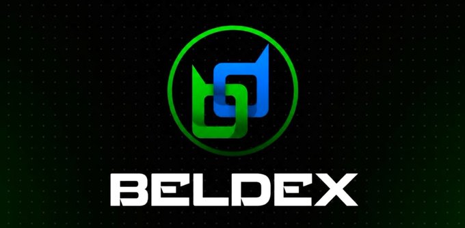 A logo for BELDEX featuring a stylized blue and green icon inside a circle on a black dotted background.
