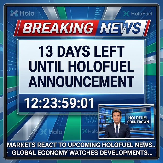 A breaking news graphic for Holo and HoloFuel with a countdown timer reading '13 DAYS LEFT UNTIL HOLOFUEL ANNOUNCEMENT' at 12:23:59:01, including a news anchor inset and ticker text about markets reacting to upcoming news.