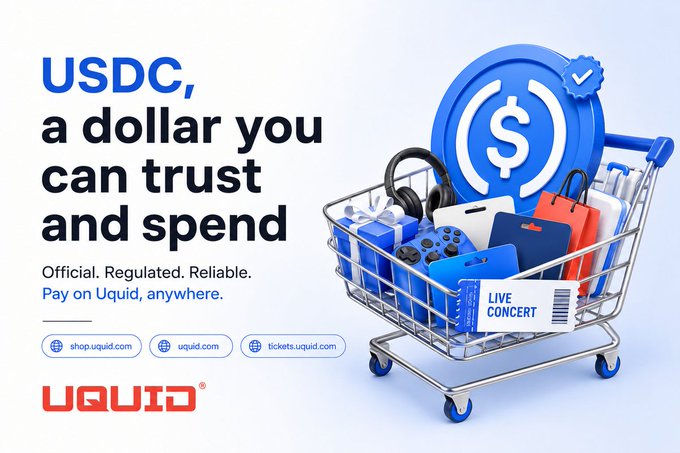 A promotional advertisement for USDC stablecoin by UQUID, reading 'USDC, a dollar you can trust and spend' with a shopping cart containing various items.