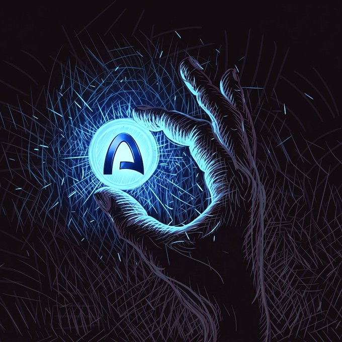 Digital artwork depicting a hand reaching through dark space to touch a glowing blue orb containing a stylized 'A' symbol.