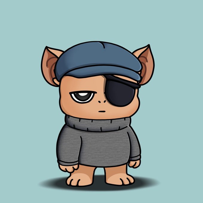 A cartoon illustration of a small tan character wearing a blue cap, an eyepatch, and a gray turtleneck sweater against a teal background.