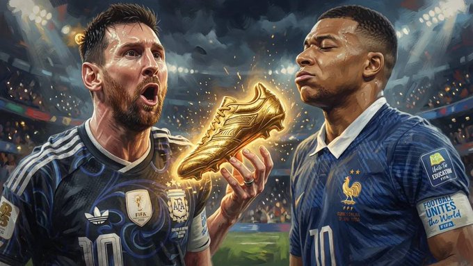 An AI-generated digital artwork depicting soccer stars Lionel Messi and Kylian Mbappé in national team jerseys facing off with a golden cleat between them.