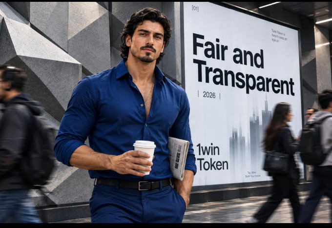 A man with dark curly hair and a beard, wearing a fitted blue shirt, holding a coffee cup and a folder, standing in front of a billboard advertising 'Fair and Transparent' with '1win Token' text.