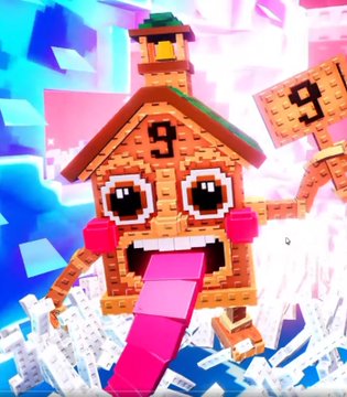 A whimsical, blocky figure resembling the Numberblocks character "Nine" — a smiling orange brick with the number 9 on its face, pink cheeks, and a long pink tongue — sticks out its tongue against a colorful pixelated background, humorously matching the caption's playful disbelief at recognizing the character.