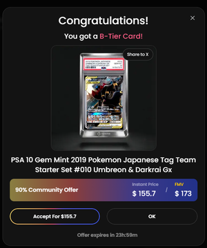 A mobile app congratulations screen for obtaining a 'B-Tier Card' of a PSA 10 Pokemon Japanese Tag Team Starter Set with Umbreon & Darkrai GX, offering a 90% community price of $155.7.