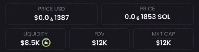 A dark dashboard displays a memecoin's metrics: a price of $0.0₄1387 USD (0.0₆1853 SOL), $8.5K liquidity, and both FDV and market cap at $12K—aligning with the post's claim of a $12K token having "100x+ potential."