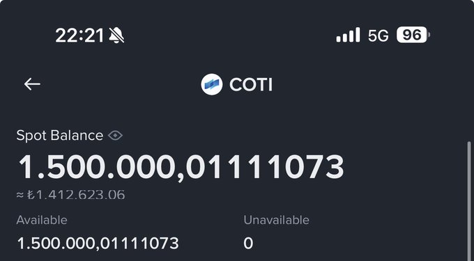 A screenshot of a crypto wallet displaying a COTI spot balance of 1,500,000.01111073 tokens (approximately 1,412,623.06), with all funds marked as available, supporting the post's emphasis on holding COTI in spot rather than futures to avoid market maker manipulation.