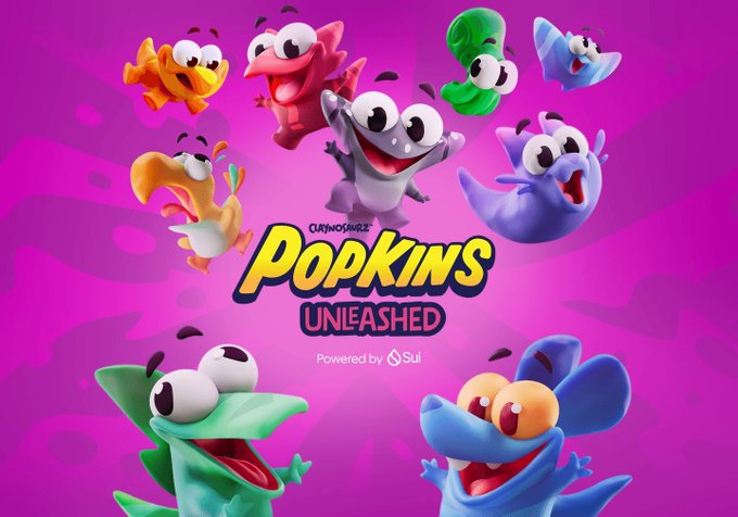 Promotional graphic for 'Popkins Unleashed' by Curioserz, powered by Sui, featuring colorful cartoon creature characters arranged in a circle on a pink background.