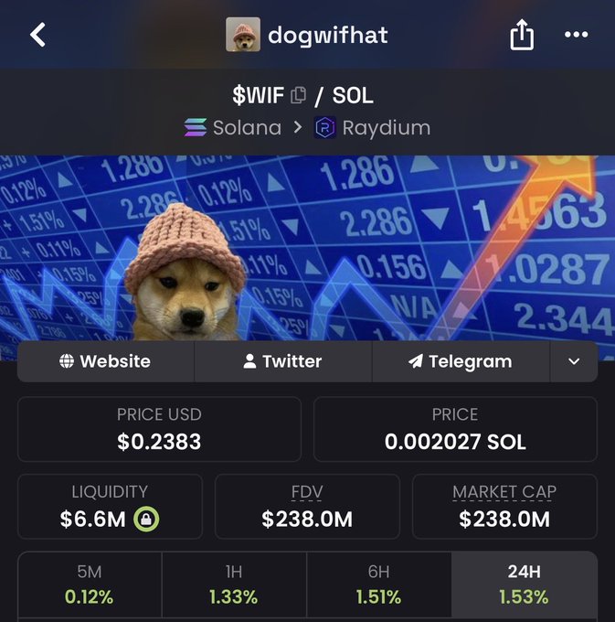 A meme coin "$WIF" (dogwifhat) trading chart on Solana via Raydium, showing a price of $0.2383 (0.002027 SOL), market cap and FDV of $238.0M, with a Shiba Inu dog wearing a pink beanie against a backdrop of rising market numbers. The image illustrates the token's recent performance metrics, supporting the post's enthusiastic endorsement of the $WIF memecoin.