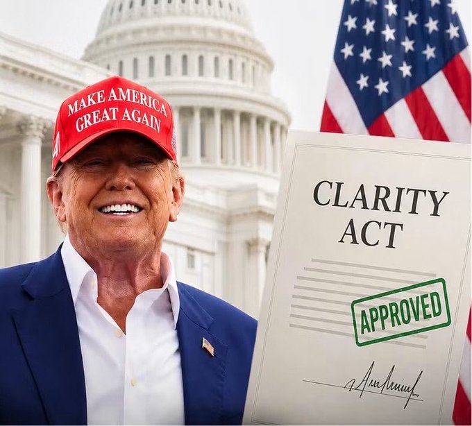 A smiling Donald Trump wearing a "Make America Great Again" cap stands before the U.S. Capitol, alongside a graphic of the "CLARITY ACT" document stamped "APPROVED" and the American flag, visually celebrating the Senate's upcoming vote on the crypto legislation referenced in the post.
