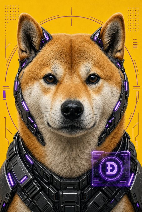 A digital illustration of a Shiba Inu dog wearing futuristic black and purple mechanical armor and a helmet, set against a yellow background with tech-style interface graphics.