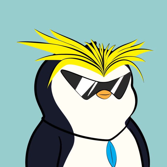The image features a cartoon penguin wearing sunglasses, a blue tie, and has yellow hair styled into an afro. The penguin appears to be dressed up for a party or event. The background of the image is a light blue color that contrasts with the white text on the image. The post reads "GM everyone Even when the market turns red, infrastructure keeps moving forward. That is the part I keep coming back to with @useTria Tria is building a self-custodial neofinance app designed to make onchain money easier to use in real life."
