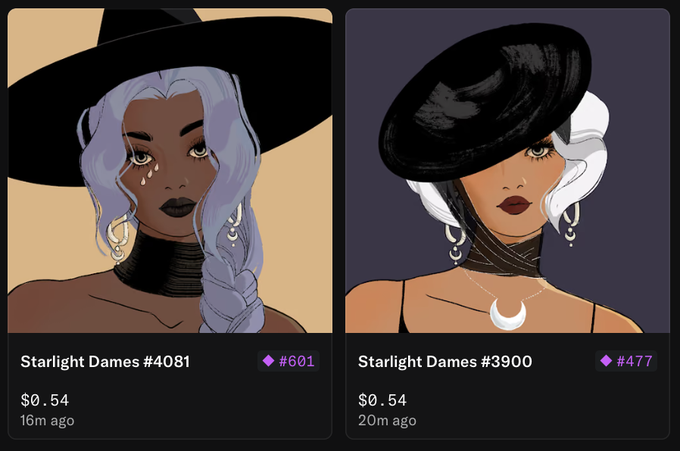 Two NFT listings titled 'Starlight Dames #4081' and 'Starlight Dames #3900' are shown, each priced at $0.54, featuring illustrated portraits of women wearing large black hats.
